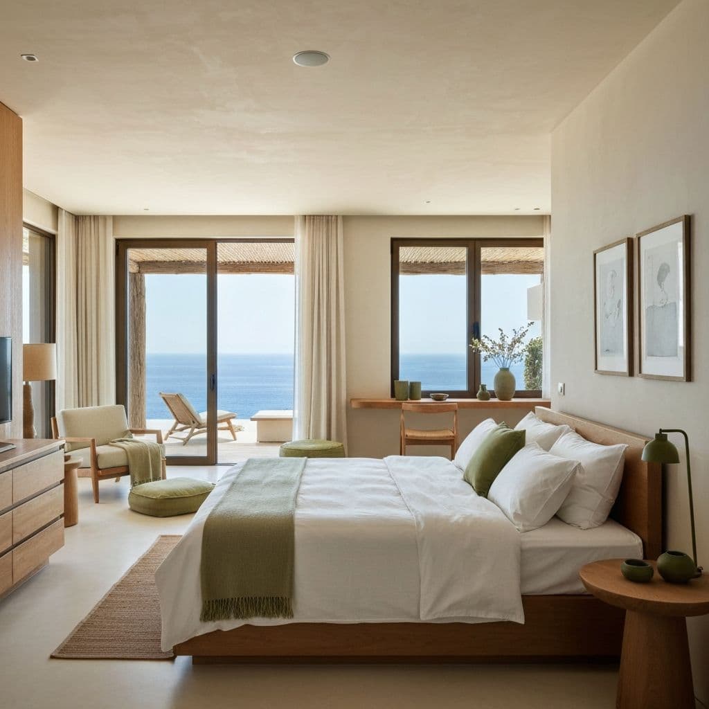 Minimalist retreat room with ocean view